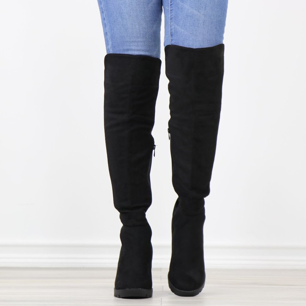 Black Faux Suede Round Toe Thigh High Over The Knee Lug Block Heel Boots - Picture 11 of 14